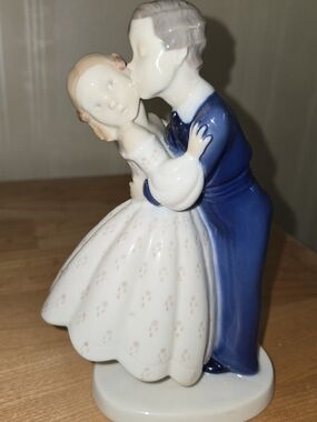 B&G Porcelain Kissing Couple Figurine in White and Blue